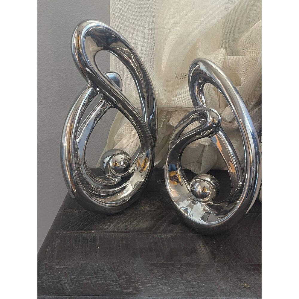 2 piece Deco 79 Silver Ceramic Abstract Sculptures